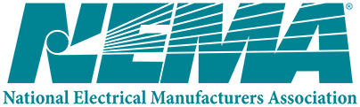 Logo of the National Electrical Manufacturers Association (NEMA). The logo features the letters "NEMA" in large, teal font with the full organization name in smaller text beneath.