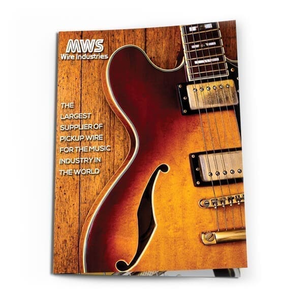 A magazine cover featuring a close-up of an electric guitar. The headline reads, "MWS Wire Industries - The largest supplier of pickup wire for the music industry in the world.