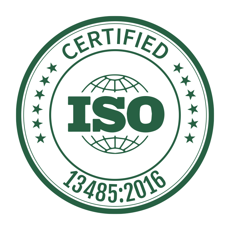 A circular stamp with the text "ISO Certified" at the top and "13485:2016" at the bottom, surrounding the word "ISO" in the center, inside a globe design, with stars around the edges.