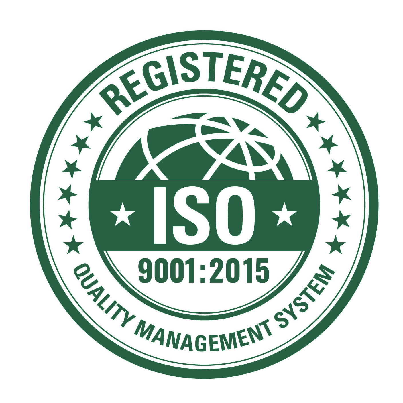 Green and white circular badge with "ISO 9001:2015," and "Registered Quality Management System" text, featuring a globe symbol in the center.