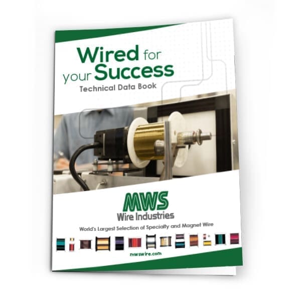 Cover of the "Wired for your Success Technical Data Book" by MWS Wire Industries, featuring an image of a wire spool machine and multicolored wire samples at the bottom.