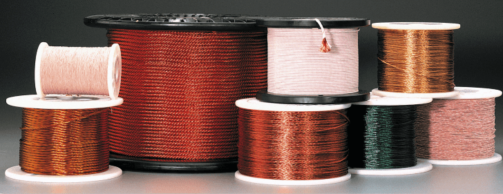 Various spools of served and unserved litz wire supplied by MWS Wire Industries