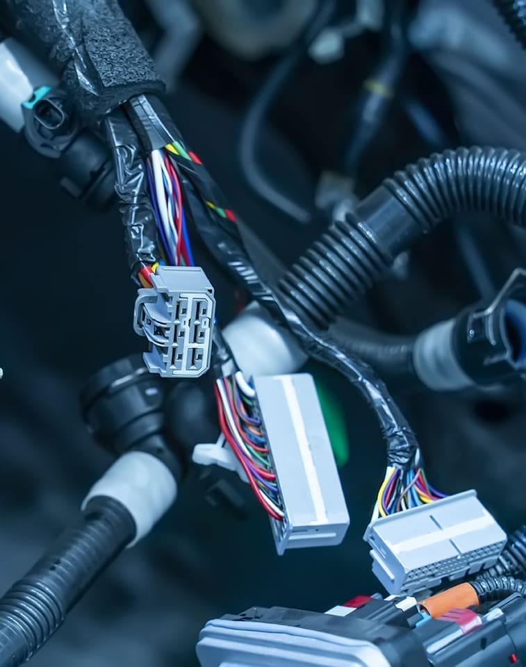 Close-up of aerospace wire harnesses with various colored wires and connectors bundled together with black tape.