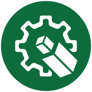 White cog and pencil icon on a green circle background.