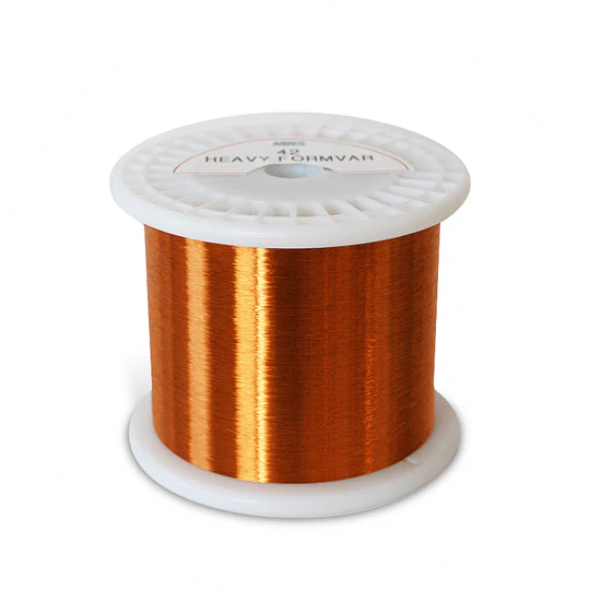 A spool of copper wire with a white plastic base and top, labeled "Heavy Formvar.