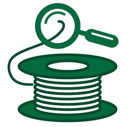 IndustryPages_icons2 Green icon of a spool of aerospace wire or thread with a connected search or magnifying glass.