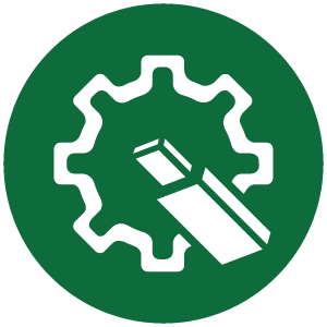 White gear and a chisel icon on a green circular background, symbolizing mechanical engineering or manufacturing tools.