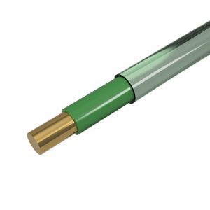 A detailed cross-section of a coaxial cable reveals a central copper conductor akin to a round magnet wire, surrounded by a green insulation layer and an outer metallic shielding.