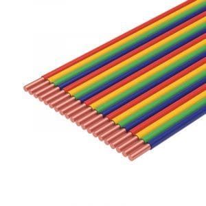 A row of colorful rainbow pencils aligned diagonally on a white background.