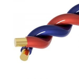 Twisted red and blue cylindrical rods with gold caps on the ends, reminiscent of round magnet wires, set against a pristine white background.
